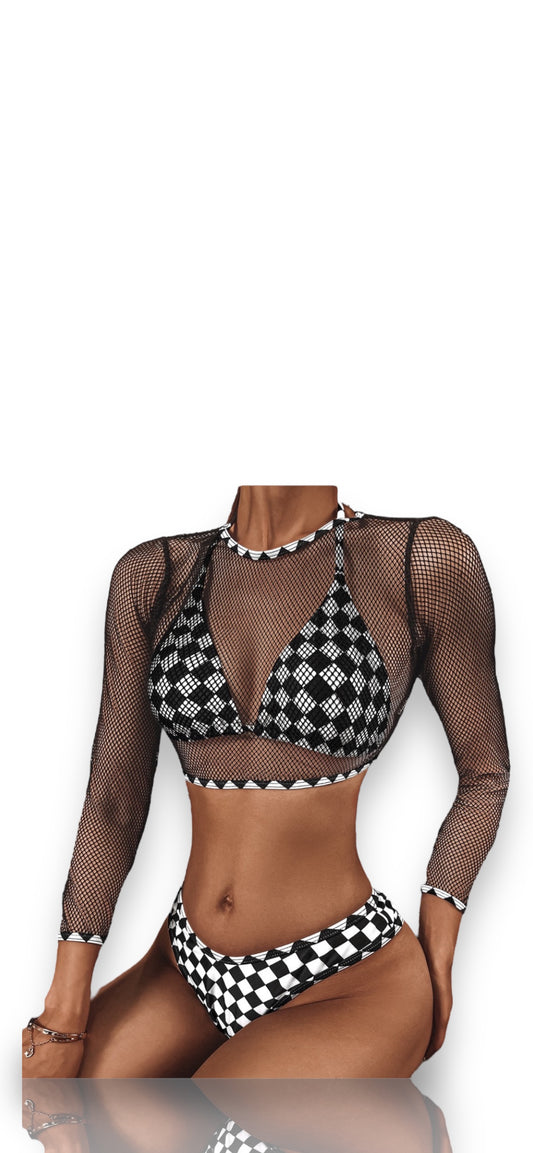 Checkered 3 Piece Swimsuit - Black & White