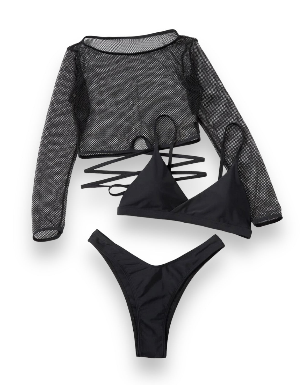 Tied Up In Your Mesh 3 Piece Swimsuit - Black